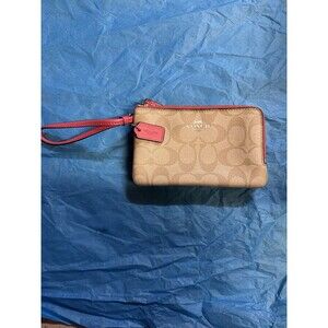 Coach Double Zip Wallet Wristlet Brown And Pink Coach Logo